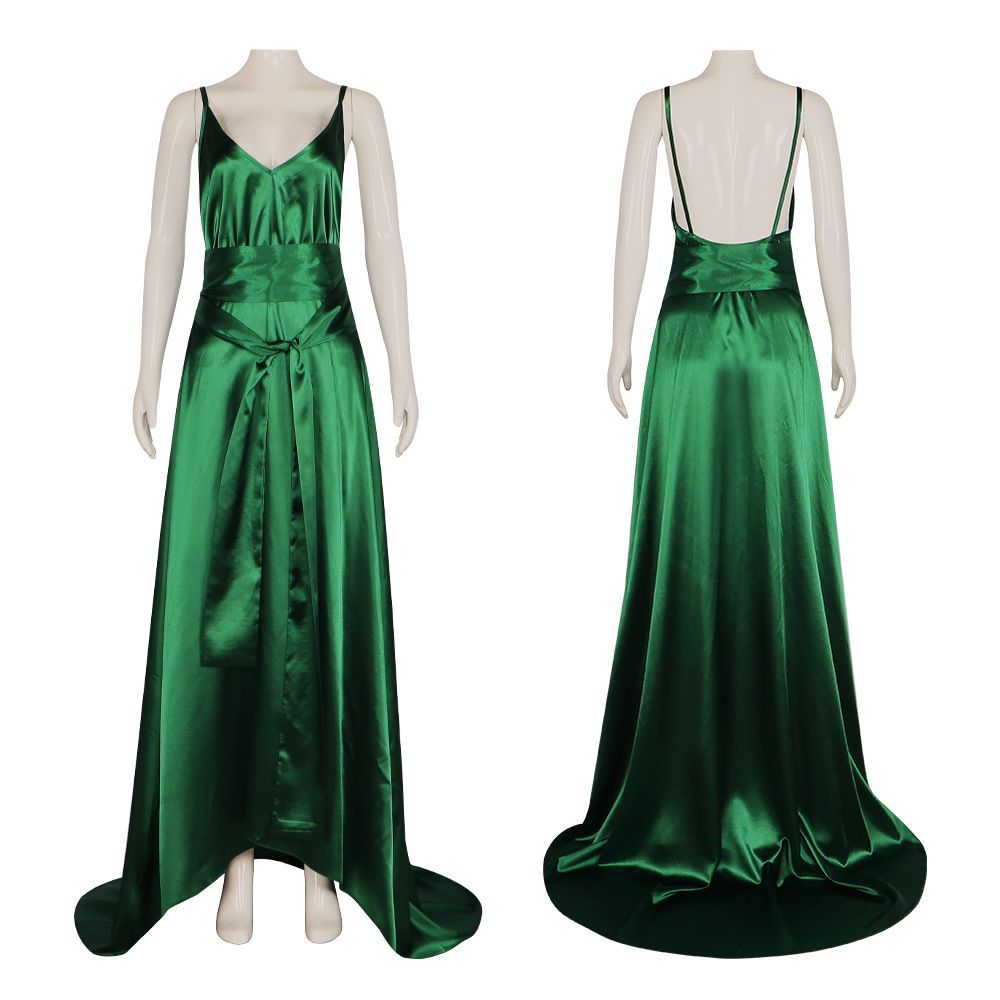 Evening Gown - Emerald Satin Camisole Dress - V-Neck