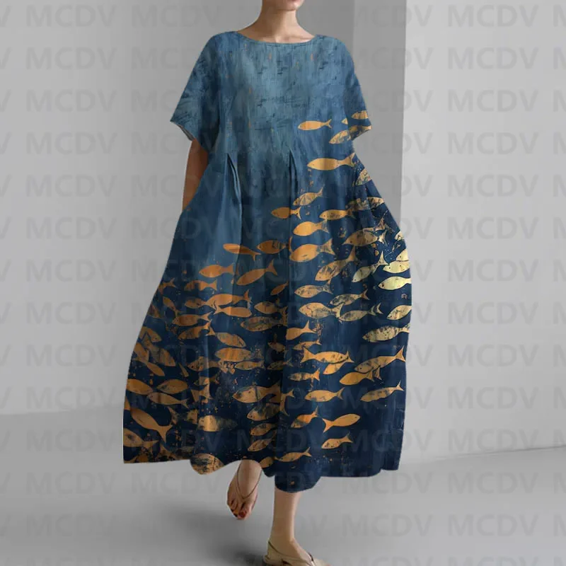 Japanese Vintage Fish Art Prin - Midi Dress 评论和价格